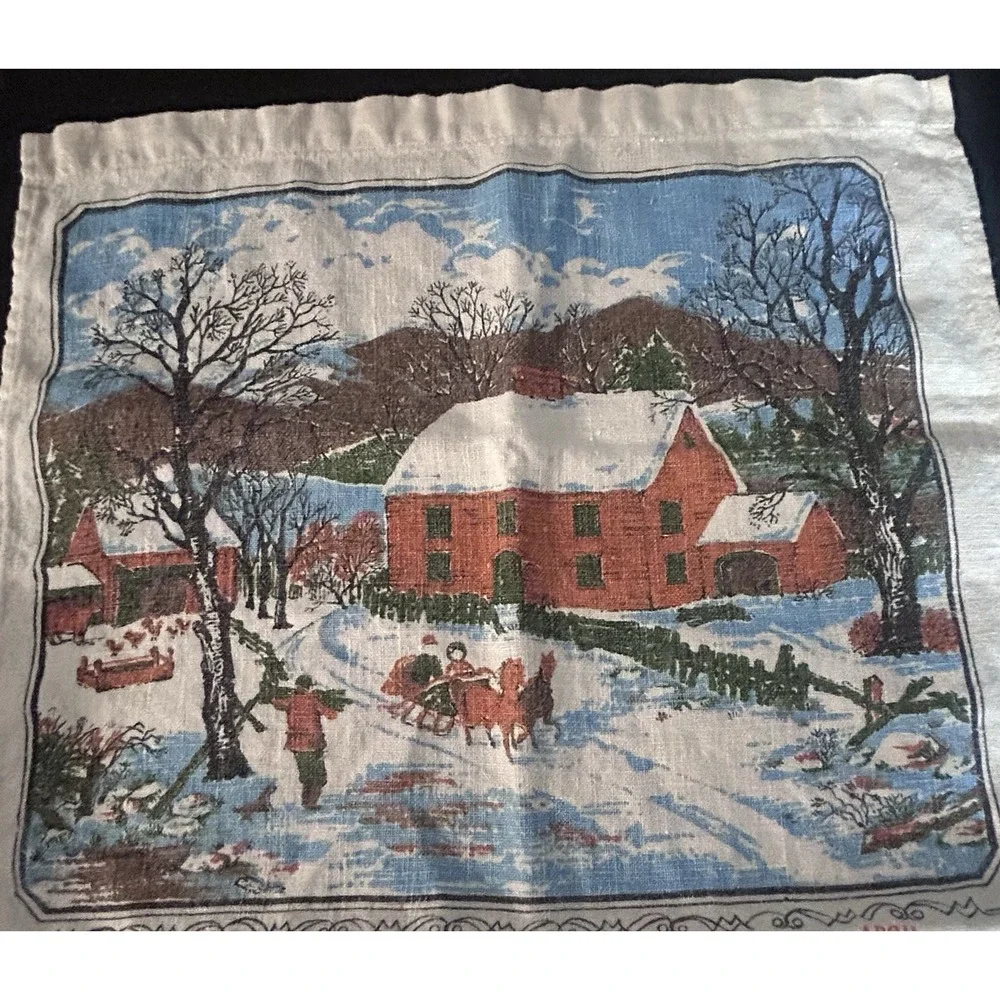 Vtg 1972 Linen Calendar Tea Towel Winter Barn Farmhouse Kitchen Wall Decor